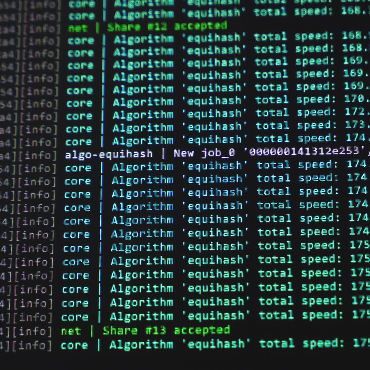 Screen with crypto code. Cryptocurrency. Green digitals. Mining Code