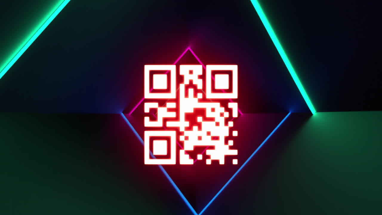Animation of glowing qr code over neon lines