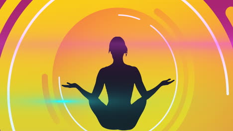 animación de la silueta de una mujer en pose de yoga sobre una bandera amarilla contra un fondo púrpura