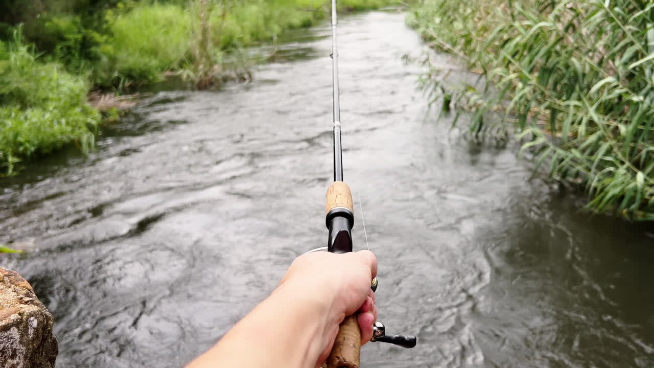 First person view of a person fishing with a rod in a small river surrounded by vegetation