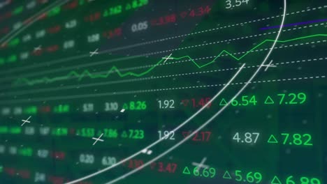 Animation-of-round-scanner-over-stock-market-data-processing-against-green-background