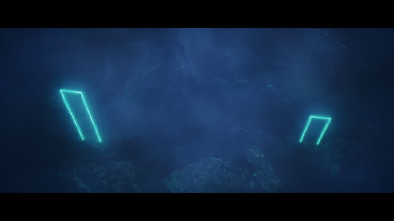 Rocky landscape with huge blue light portal structures