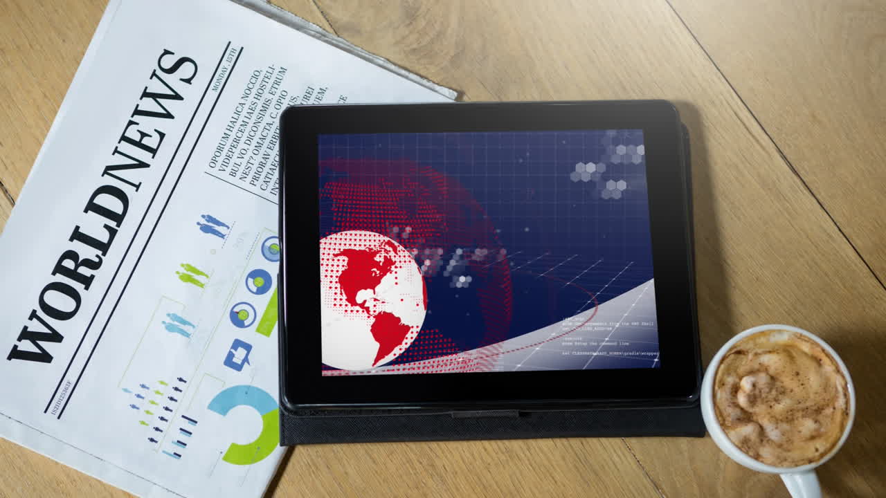 Pantalla de noticias con un globo digital girando en la pantalla de una tablet digital