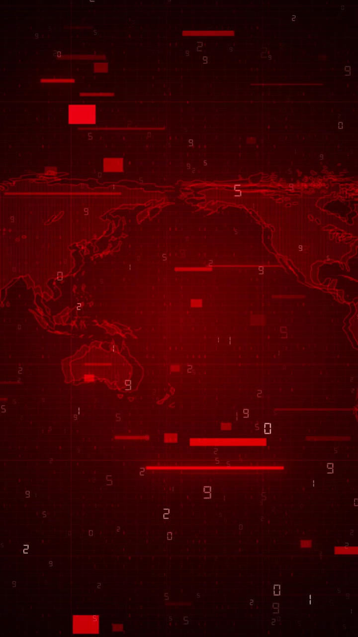 Crimson cyber map animation with world outlines coded numbers digital grid and alert style motion