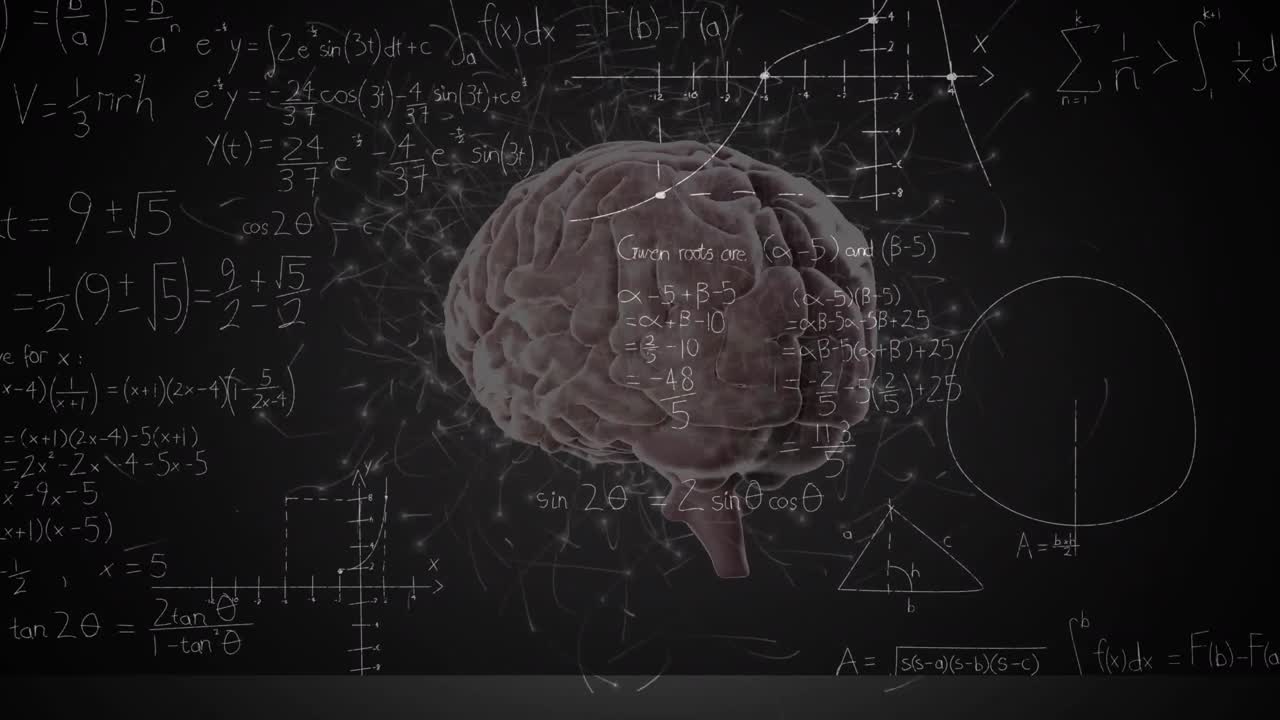 animación del cerebro humano girando sobre ecuaciones matemáticas en la pizarra negra