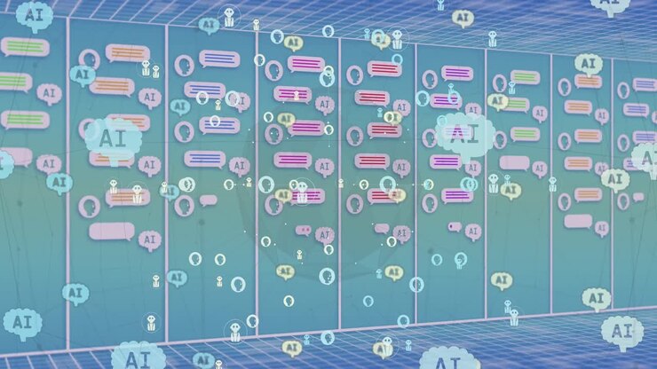 Animation of ai data processing over computer servers background