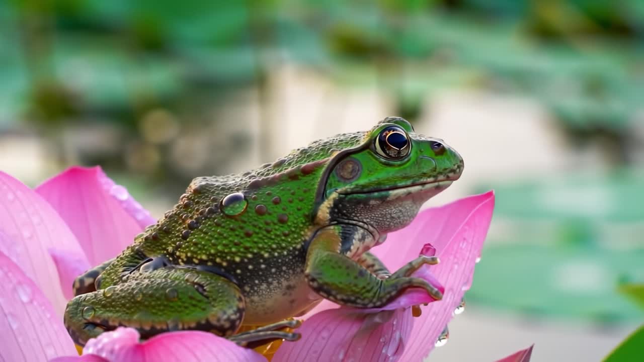 A Vibrant Green Frog Resting Gracefully on a Delicate Pink Lotus Flower Amidst a Serene Water Background, Capturing Nature's Beauty in a Moment of Tranquility