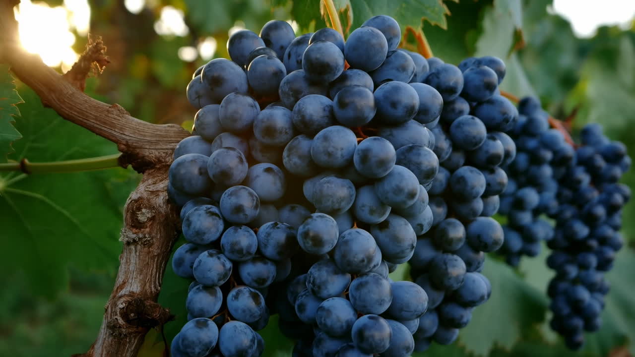 Primo piano di uva blu matura su vite retroilluminata dall'alba dorata, grappolo pesante e rugiadoso con buccia testurizzata e rigogliosa.