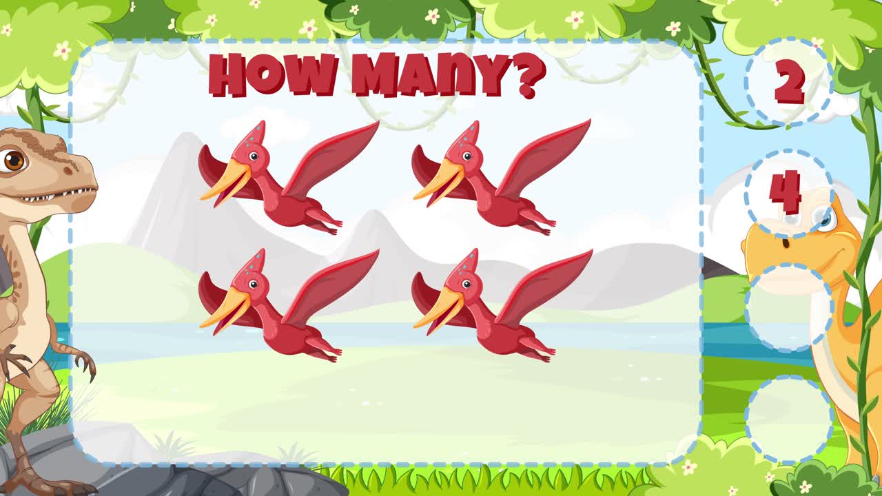Dinosaur-themed animation engaging children in counting red birds with interactive elements and vibrant visuals