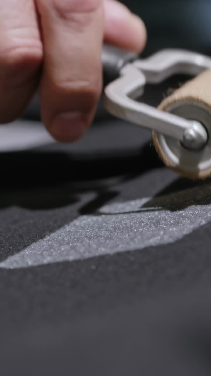 Vertical video: Entering from left bare hand rolling foam roller on bench, spreading glossy finish