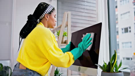 woman, computer or cleaning screen for dust