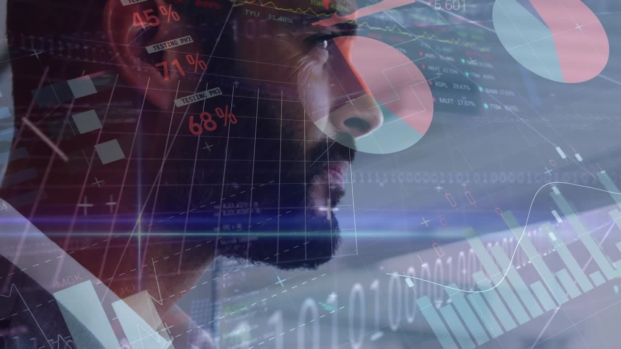 Animation of statistics and binary coding, data processing over businessman at airport