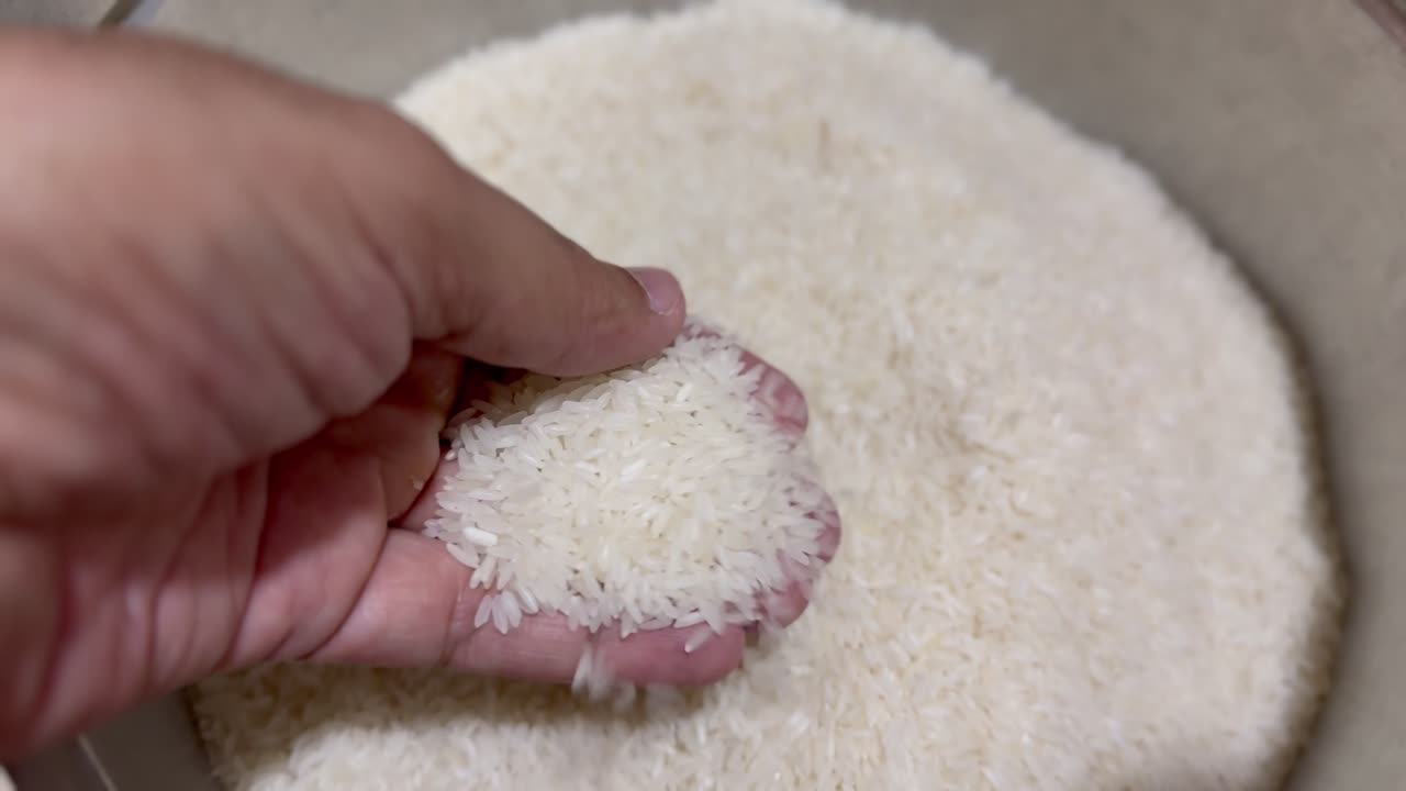 A hand scoops up a portion of the glistening white rice, held aloft in the light