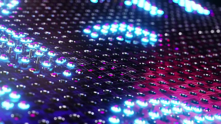 Luminous blue spheres moving in waves. Infinitely looped animation