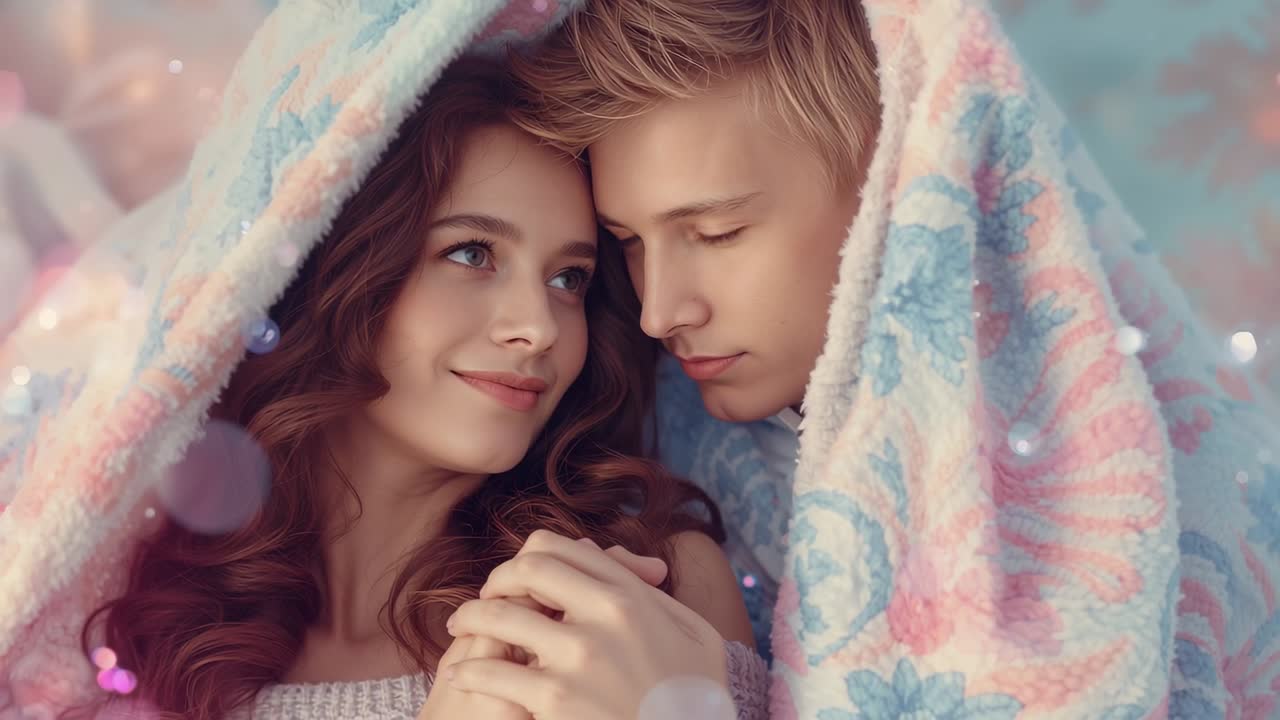 Holding hands for warmth romantic couple exchanging gazes sharing kiss under pastel blanket in room