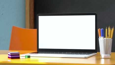 modern laptop with white blank screen placed on desk against classroom at school. 3d animation
