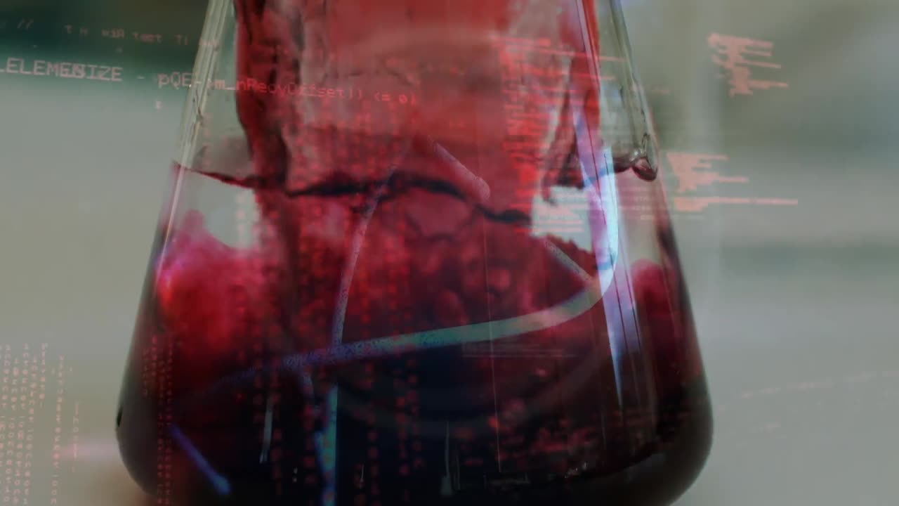 animación de la cadena de adn y procesamiento de datos sobre vasos con líquido