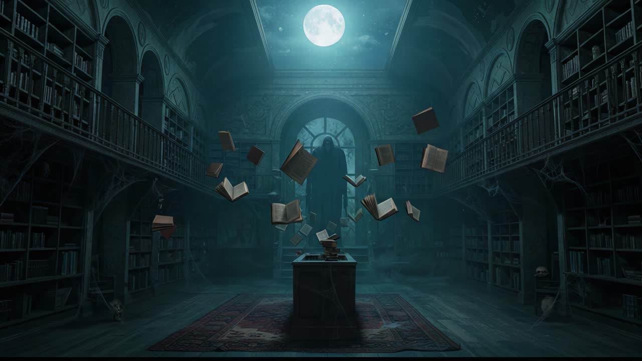 Mysterious Enchantment in a Dimly Lit Library: Books Float in Midair Under the Watchful Gaze of an Unseen Figure Amidst Shadows and Moonlight