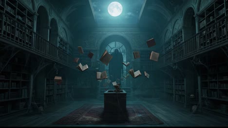 mysterious enchantment in a dimly lit library: books float in midair under the watchful gaze of an unseen figure amidst shadows and moonlight