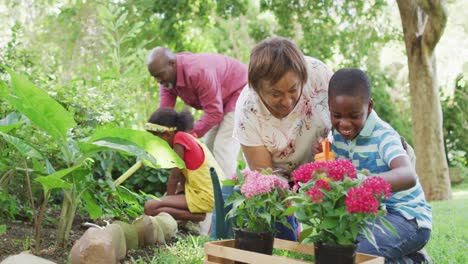 animación de una feliz abuela afroamericana y su nieto plantando flores en el jardín