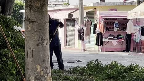 Man Cleaning Street in Mexico