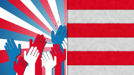 raising hands in red, white, and blue over american flag animation