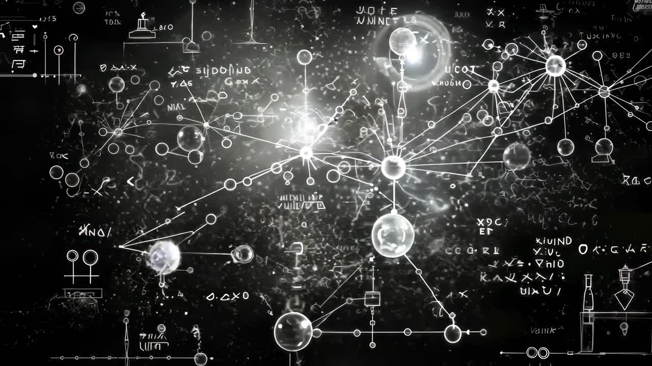 Aerial view of a chalkboard filled with scientific diagrams and equations, resembling a complex mind
