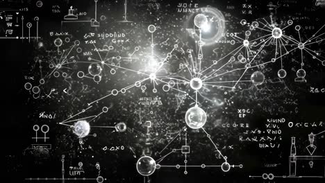aerial view of a chalkboard filled with scientific diagrams and equations, resembling a complex mind