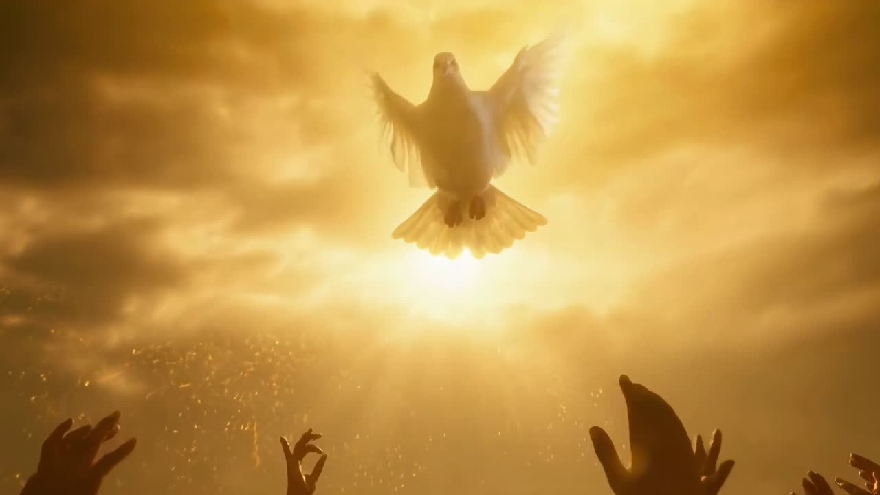 Un fermo immagine cinematografico di mani che si protendono verso una colomba in luce dorata, ripreso dal basso