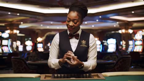 a professional casino dealer skillfully prepares cards for an engaging game night, showcasing expertise and elegance in a lavishly decorated gaming environment
