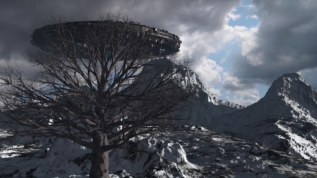UFO over Snowy Mountains with Bare Tree