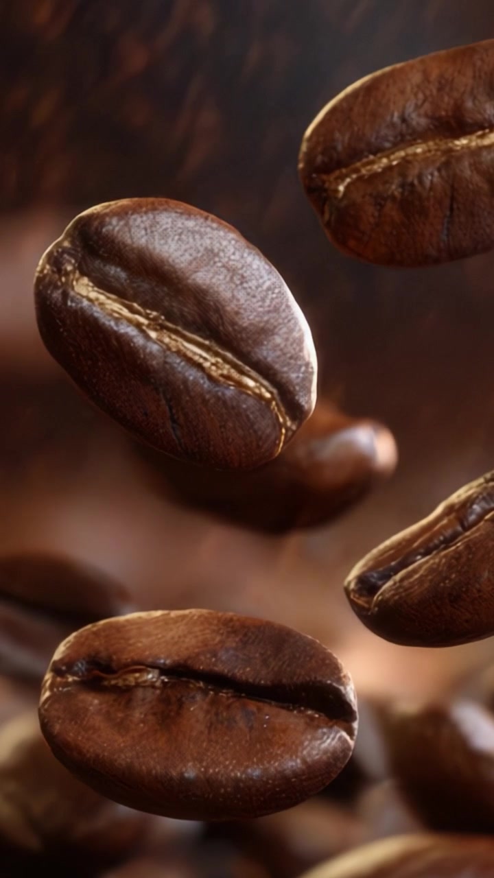 Et nærbillede af svævende kaffebønner, der illustrerer deres rige tekstur og farve mod en sløret mørk baggrund for en unik og indbydende kaffeæstetik
