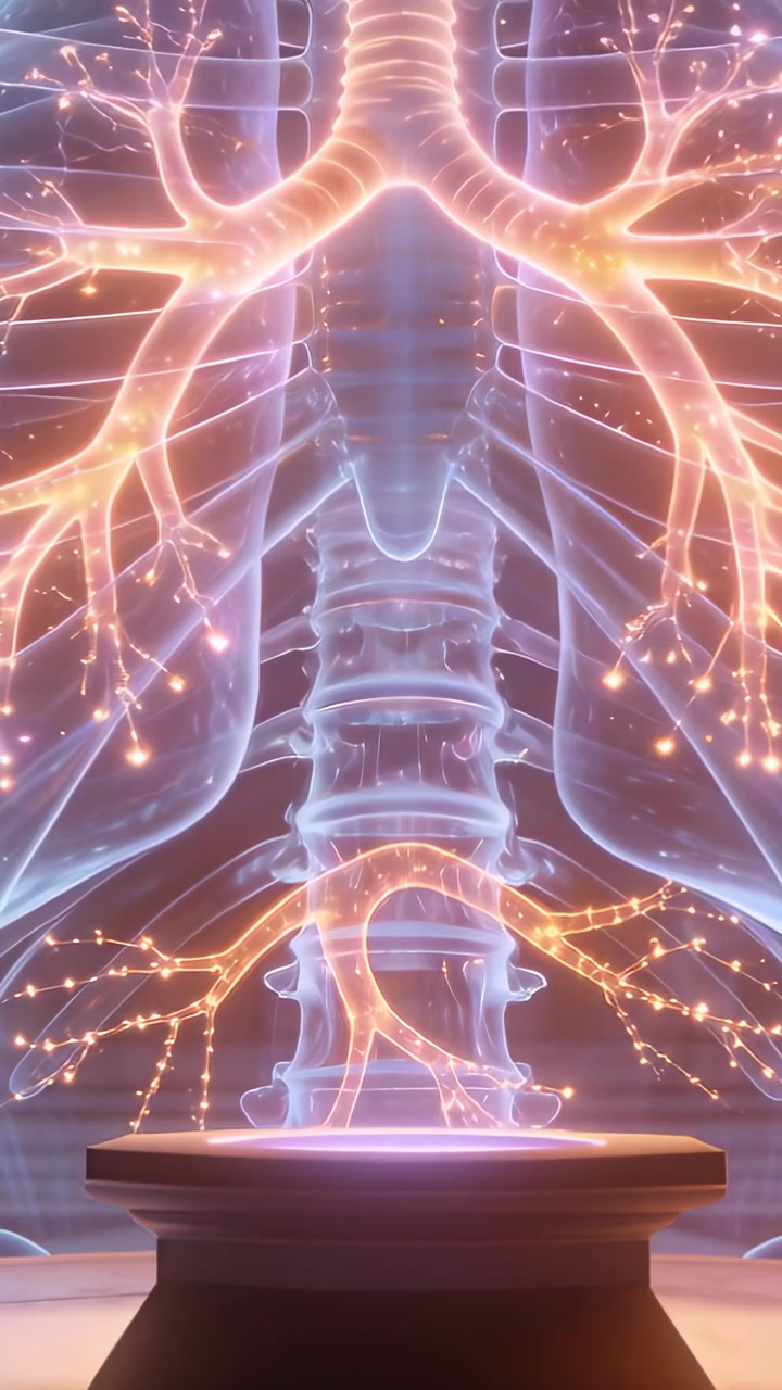 Vertical video: Pulsing ribcage sending bronchial glow down as pedestal emitting purple halo in lab