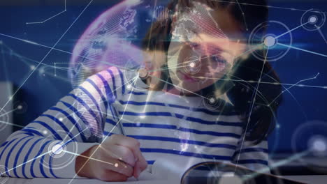 animación de la red de conexiones y el globo sobre la niña caucásica en la escuela