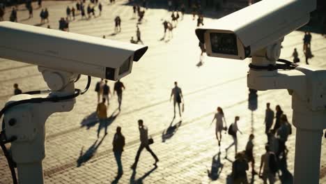 surveillance in public spaces: an overview of security measures captured in dual frames, highlighting human activity and technology interaction