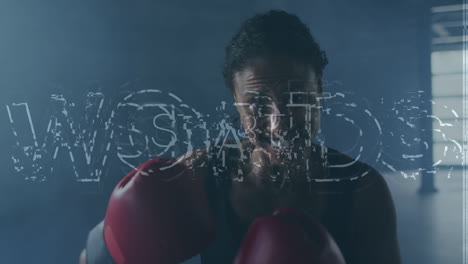 animation of start text and data processing over training african american female athlete boxing