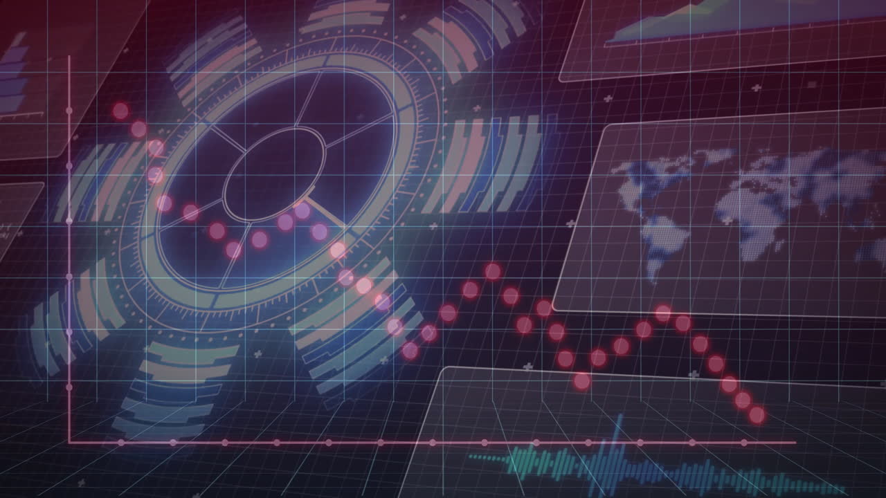 Futuristic circular HUD interface showing red dotted graph, world map panel and waveform on 3D grid
