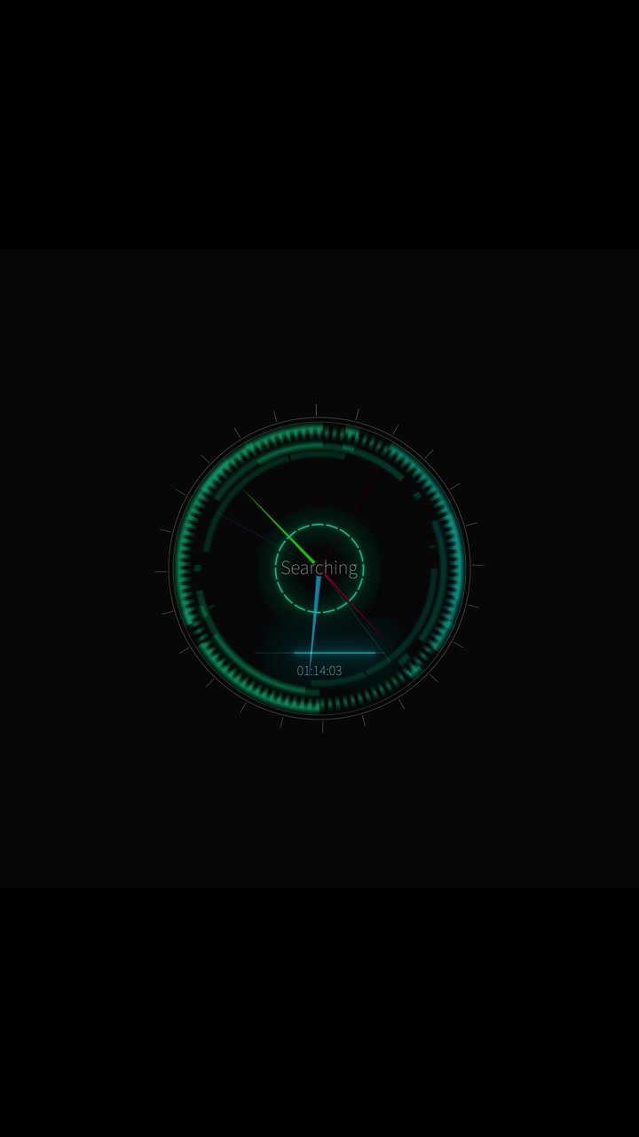 Interfaccia visiva di ricerca con scanner circolare, anello HUD verde, linee di mira, testo del timer e sfondo nero.