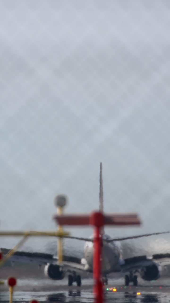 avión filmado durante el aterrizaje en el aeropuerto de barcelona en un tiro en vertical