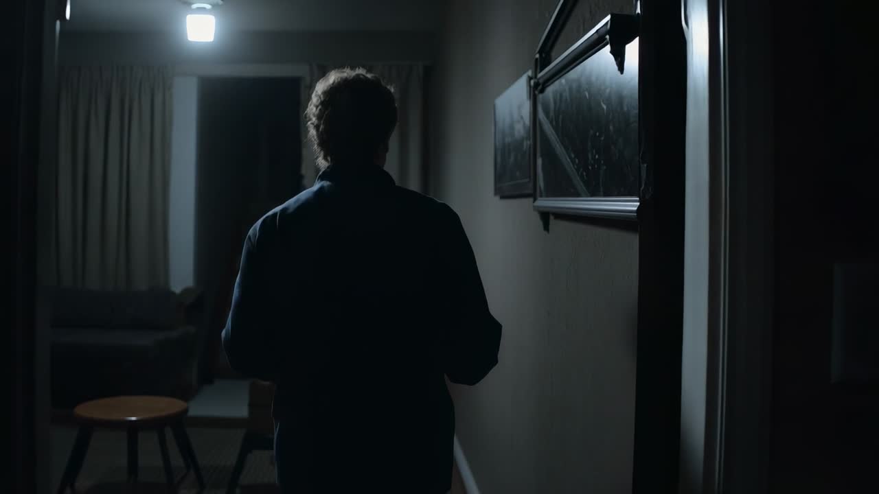 Uomo che cammina in un corridoio oltrepassando opere d'arte incorniciate verso una zona giorno illuminata, con una luce a soffitto che illumina l'ambiente