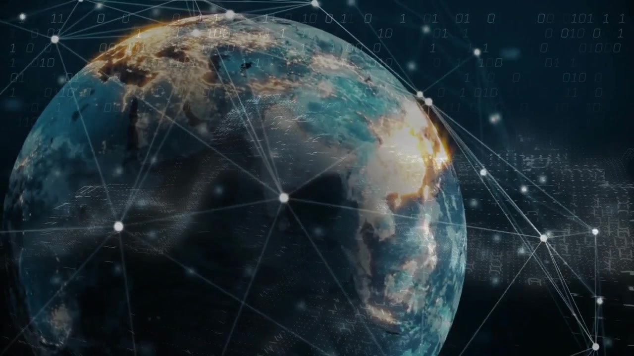 Partial glowing digital Earth starting mesh forming around rotating globe while showing data flow