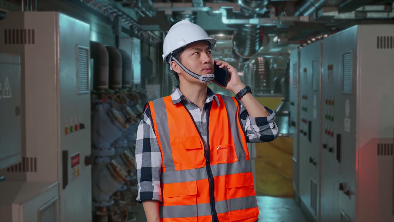 Asian Male Engineer With Safety Helmet Talking On Smartphone While Standing In Engine Control Room, Work Of Electrical Generators