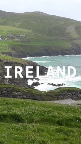 vertikales video von küste und ozean überlagert mit animierten grafiken, die irland ausdrücken