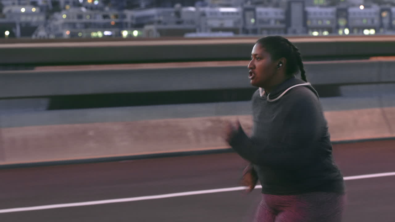 Plus size woman, running and city at night