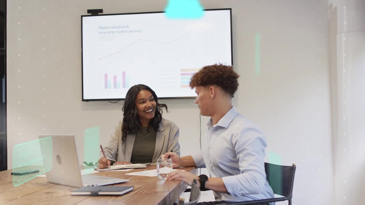 Animated cloud icons appearing, colleagues shifting from notes to chart review for business