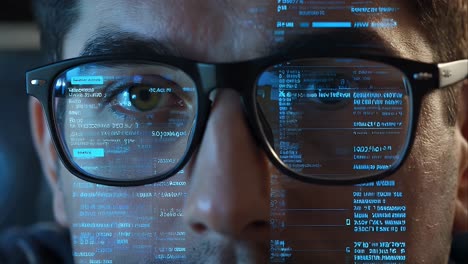 focused gaze: man's eyes reflecting digital data on screen