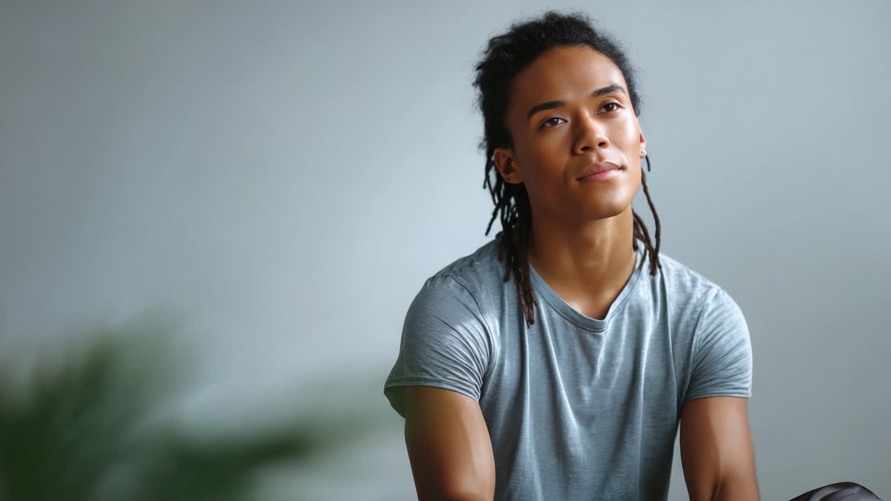 Un joven con rastas que, en calma reflexión, transmite un momento de introspección y serenidad en un ambiente interior minimalista.