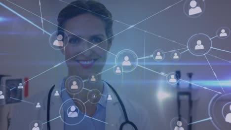animación de iconos de personas conectadas sobre el retrato de una doctora caucásica sosteniendo un informe