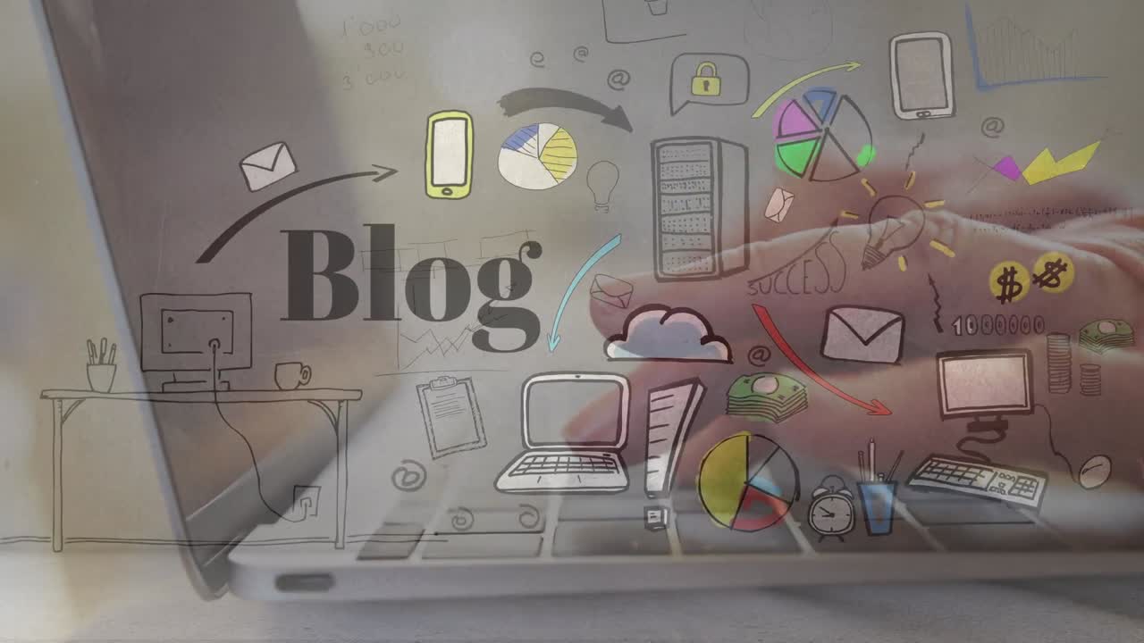 animación de blogs y dibujos tecnológicos sobre las manos de un hombre caucásico usando una computadora portátil