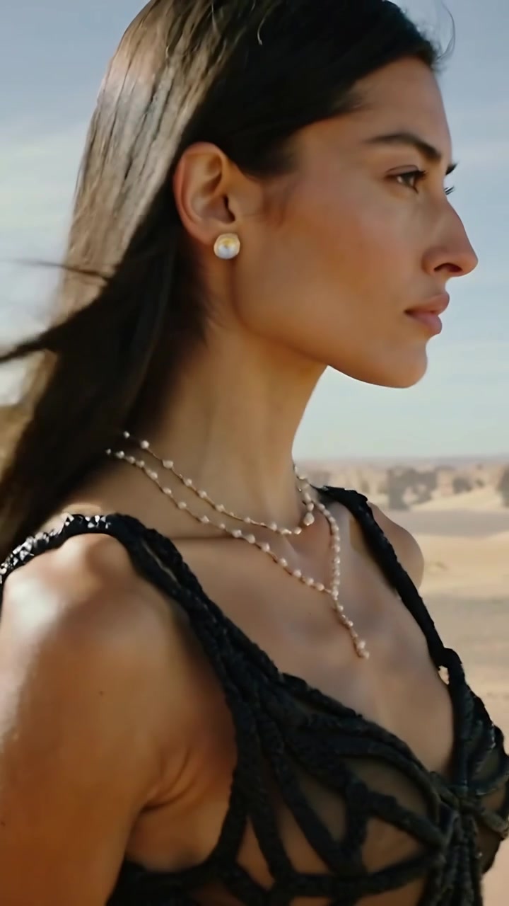 Video verticale: Modella che cammina, la telecamera si allontana mostrando un abito nero e perle per la moda nel deserto.